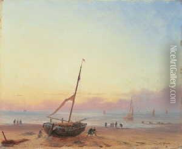 Beim Entladen Des Fischfangs. Oil Painting - Carl Eduard Ahrendts