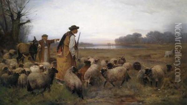 Mit Herde In Weiterpustalandschaft Oil Painting - Joseph I Von Berres