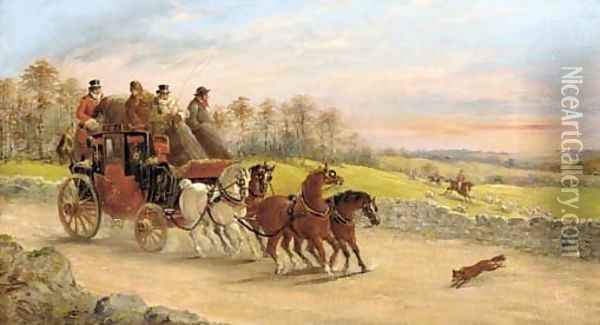 A Bristol to London mail coach with a hunt beyond Oil Painting - John Charles Maggs
