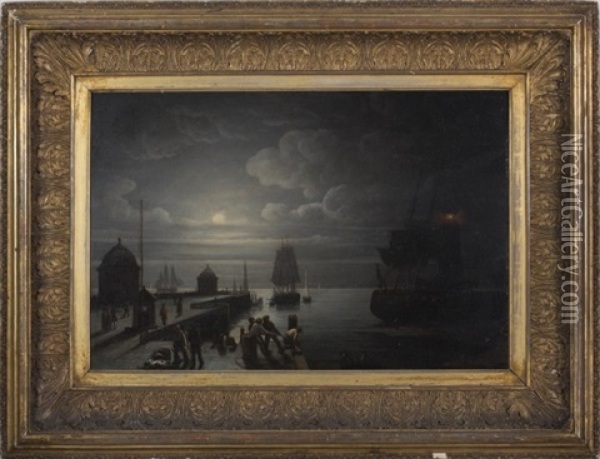 Moonlight Scene With Figures On The Quay At Ramsgate Oil Painting - Robert Salmon