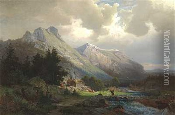 Bjerglandskab Med Huse Og Koer Oil Painting - Gustaf Rydberg