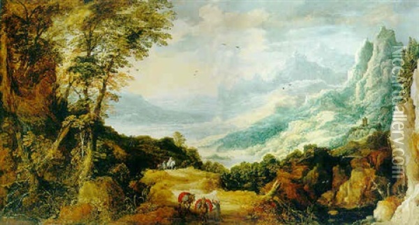 An Extensive Mountainous River Landscape With Travellers And Mules On A Track Oil Painting - Joos de Momper the Younger