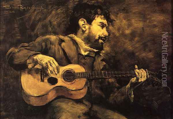 Dario de Regoyos Playing the Guitar Oil Painting - Theo van Rysselberghe