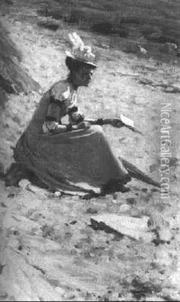 Reading On The Beach Oil Painting - George Hall Neale