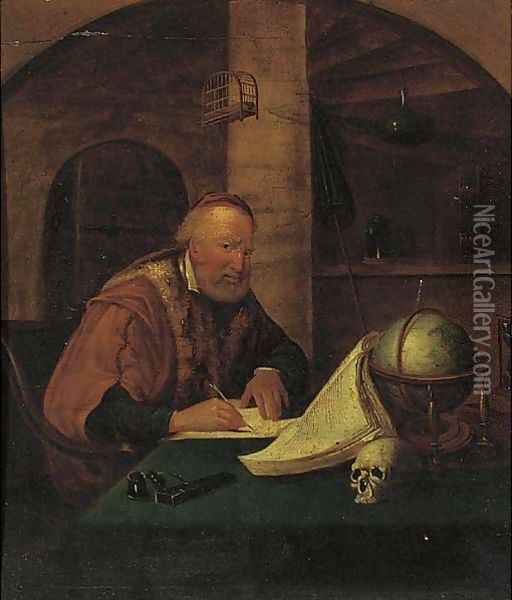 A man playing a violin at a window; and a philosopher in his study Oil Painting - Willem van Mieris