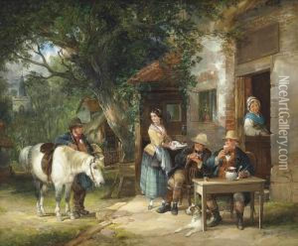 Outside The Royal Oak Oil Painting - Snr William Shayer