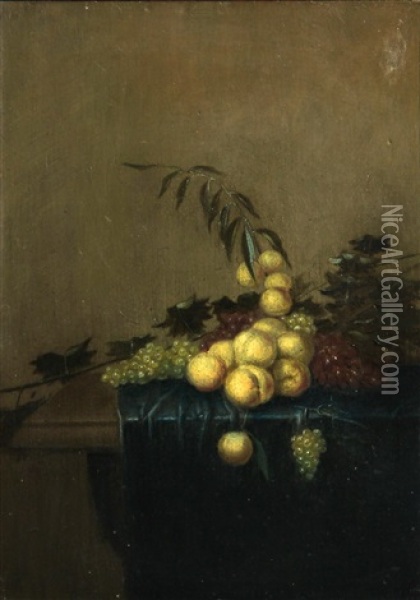 A Still Life Of Grapes And Peaches Resting On A Table Draped With A Blue Cloth Oil Painting - Gerrit Van Vucht