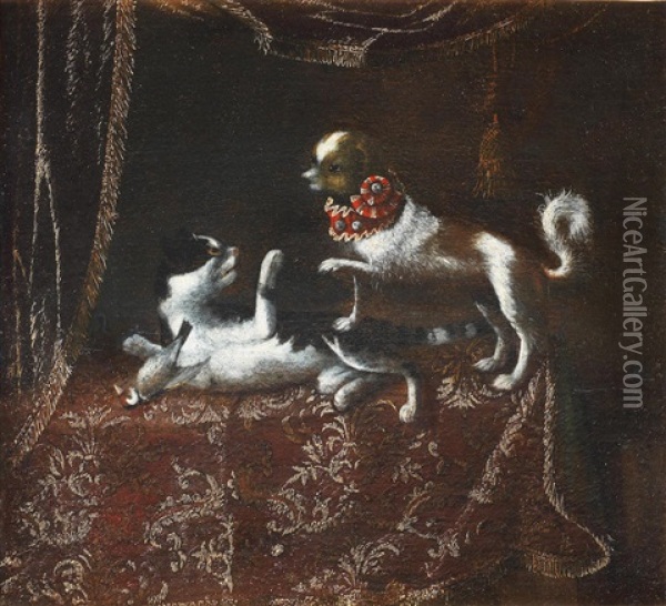A Dog And A Cat On A Draped Table-top Oil Painting - Pier Francesco Cittadini