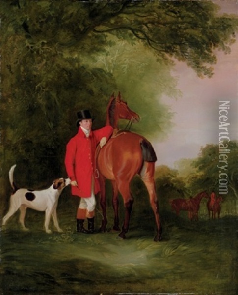 Portrait Of Lord Lismore In Hunting Costume, Standing With His Horse And Hound In A Landscape Oil Painting - John E. Ferneley