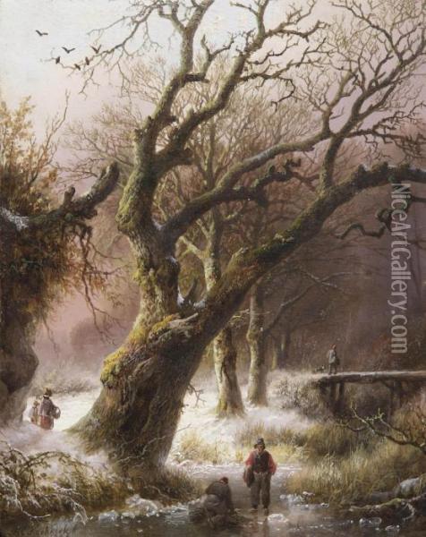 A Winter Landscape With Wood Gatherers Near A Large Oak Oil Painting - Barend Cornelis Koekkoek