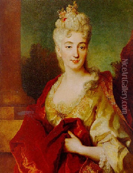 Portrait Of A Lady (comtesse De Courcelles?) Standing Before A Landscape And A Column Oil Painting - Nicolas de Largilliere