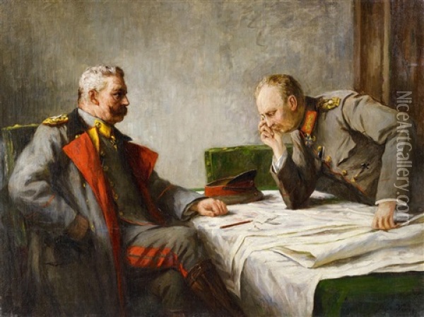 Paul Von Hindenburg And Erich Ludendorff Playing Cards Oil Painting - Hugo Vogel