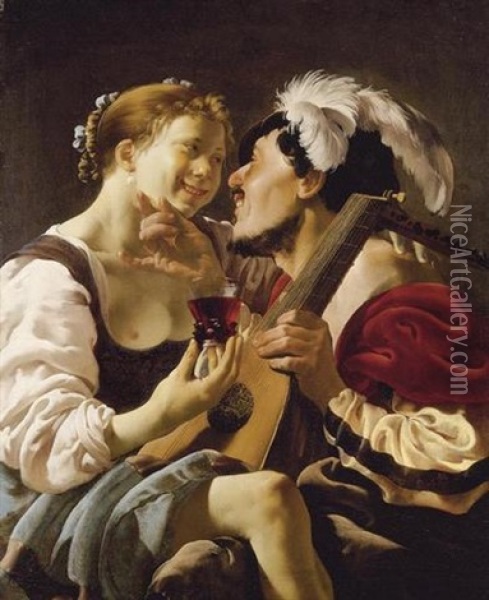 A Luteplayer Carousing With A Young Woman Holding A Roemer Oil Painting - Hendrick Ter Brugghen