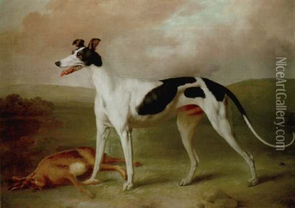 A Greyhound With A Dead Hare, In An Extensive Landscape Oil Painting - Philipp Reinagle