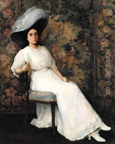 An elegant lady with a white plummed hat Oil Painting - Horace Richebe
