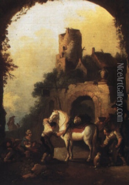 Figures By A Farrier's Shop Oil Painting - Pieter van Bloemen