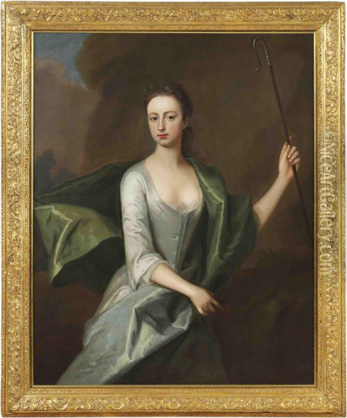 Portrait Of A Lady, 
Three-quarter-length, In A Grey Dress With A Blue Wrap, Holding A 
Shepherd's Crook Oil Painting - Michael Dahl