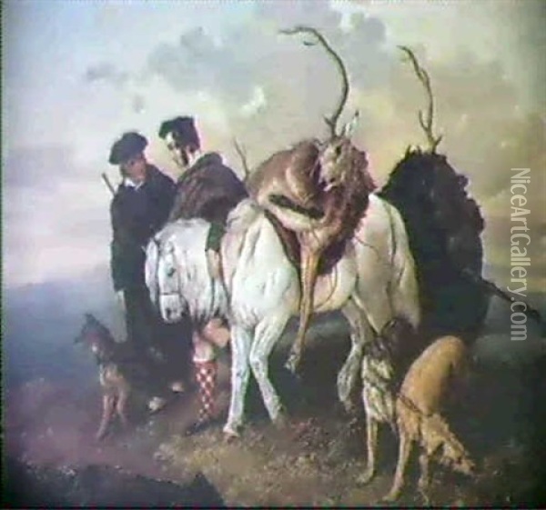 Highlander Returning From Deerstalking (also Called         Deerstalkers'return) Oil Painting - John Pasmore the Younger