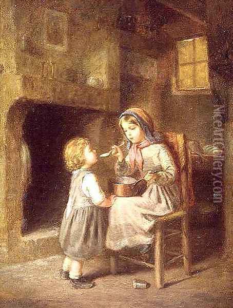 Young Girl Feeding a Toddler Oil Painting - Paul Seignac