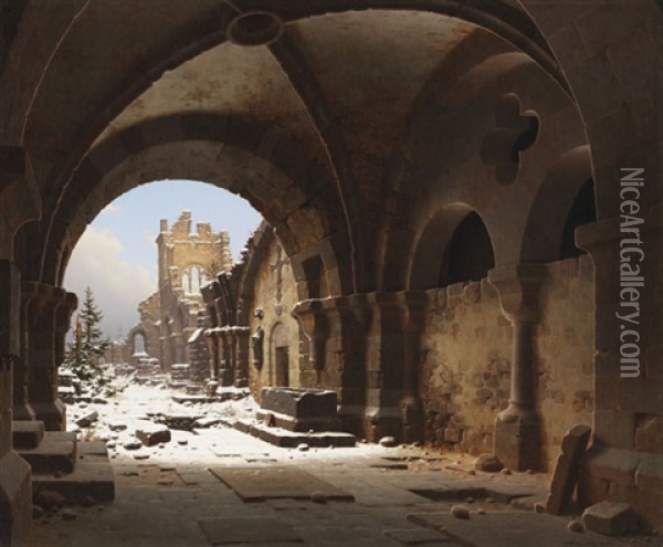 Blick Auf Die Kirchenruine Im Winter Oil Painting - Carl Georg Adolph Hasenpflug