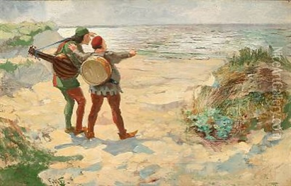 Coast Scene With Two Musicians Staring At The Sea. Motif Presumably After A Folk Song Oil Painting - Hans Nikolaj Hansen