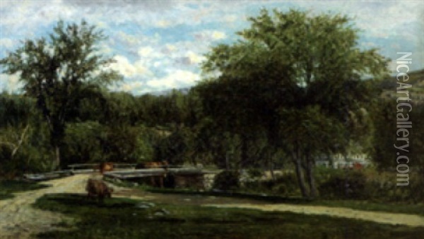 Bridge At Jackson, New Hampshire With Stagecoach At Inn Oil Painting - Frank Henry Shapleigh
