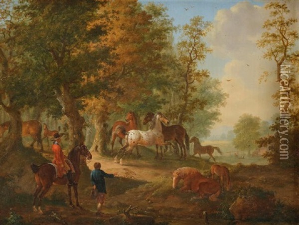 Cavaliers Et Villageois Observant Des Chevaux En Liberte Oil Painting - Johann Georg Pforr