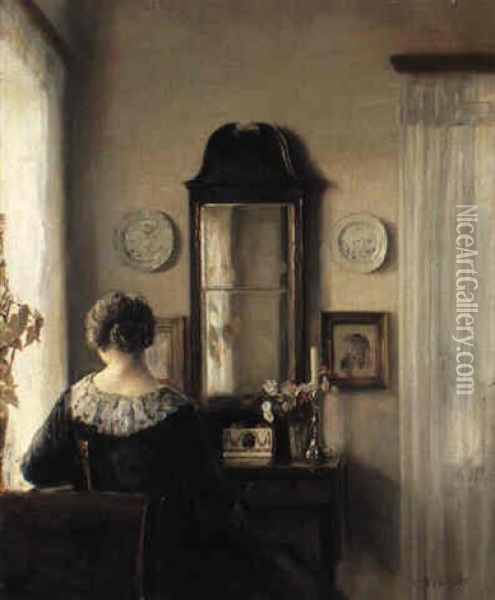 Interior With A Seated Woman By A Window Oil Painting - Carl Vilhelm Holsoe