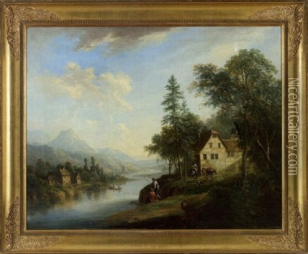 Ideale Flusslandschaft Mit Anglern Oil Painting - Christian Georg Schuetz the Younger