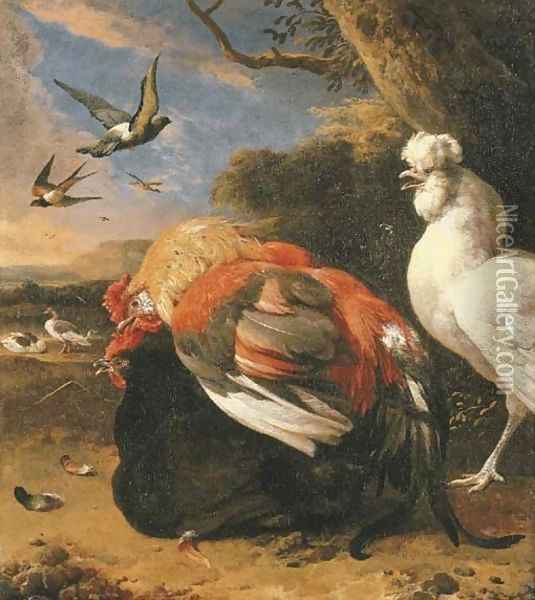 Coupling chickens in a landscape Oil Painting - Melchior de Hondecoeter