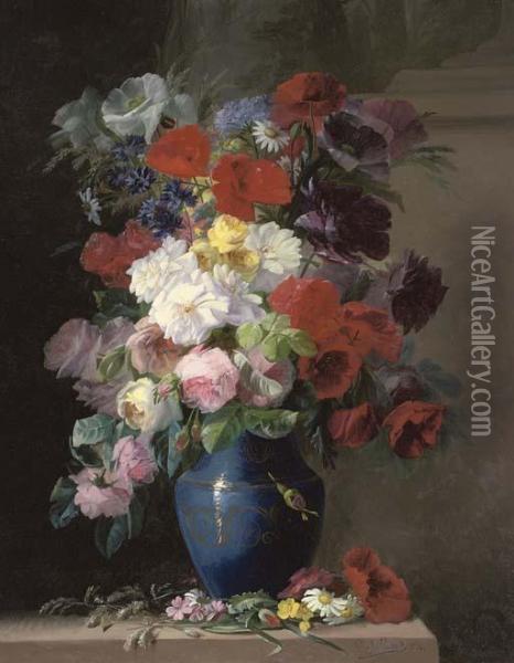 Roses, Poppies, Daisies And Other Summer Blooms In A Vase Oil Painting - C. Julliard