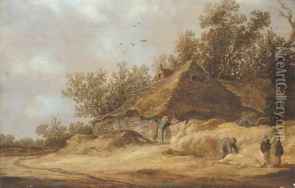 A dune landscape with peasants conversing by a farm and others standing by a dead boar on a sandy road Oil Painting - Jan van Goyen