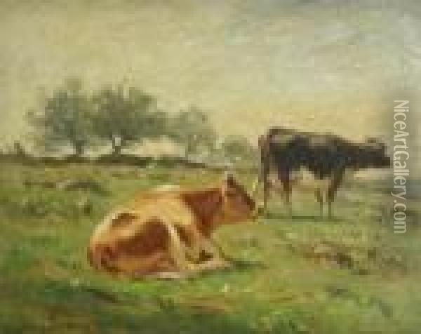 Cows In A Pasture Oil Painting - John Carleton Wiggins