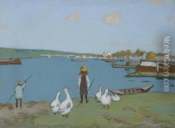 Gardeuse D'oies Au Bord Du Loing Oil Painting - Alfred Sisley