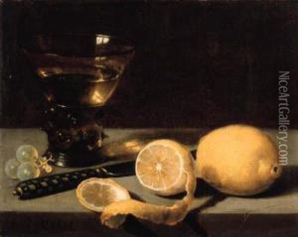 A Lemon, A Partly Peeled Lemon, Grapes, A Roemer And Knife On Astone Ledge Oil Painting - Pieter Claesz.