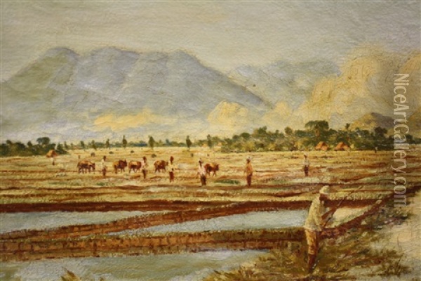 Indonesisch Landschap Met Rijstvelden En Bergen Oil Painting - Arthur Eland