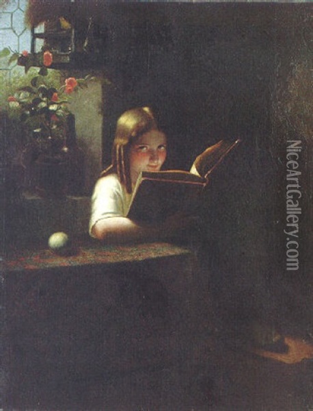 A Young Girl Reading Oil Painting - Johann Georg Meyer von Bremen