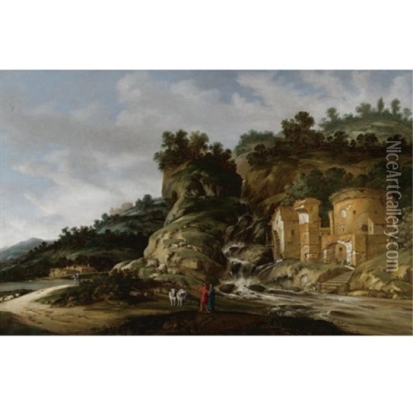 Hilly Landscape With Cincinnatus Being Called To Rome Oil Painting - Jacob Sibrandi Mancadan
