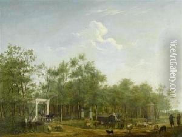 Dutch River Landscape With Coach, Herdsmen And Animals Oil Painting - Isaak Ouwater