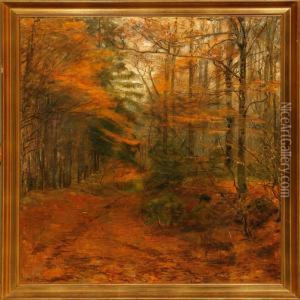 A Dirt Road Through Anautumn Forest Oil Painting - Aage Bertelsen