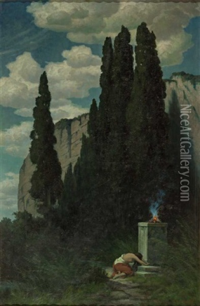 Opferstelle Vor Zypressen Und Hoch Aufragender Felswand Oil Painting - Traugott Hermann Ruedisuehli