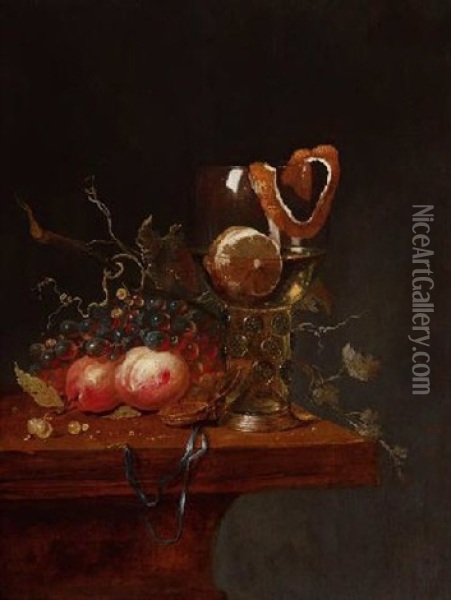 Stilleben Mit Weintrauben Und Pfirsiche, Einem Romer Mit Einer Zitrone Und Einer Uhr Oil Painting - Gillis van Berkborch