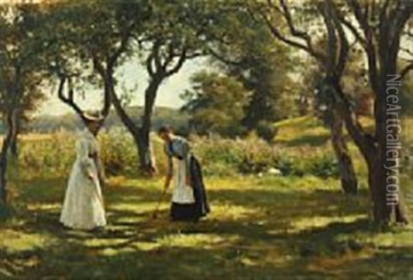 A Garden In Hornbaek With The Daughter Of Otto Bache Emilie And A Relative Of Otto Bache Marie Charlotte Playing Croquet Oil Painting - Otto Bache
