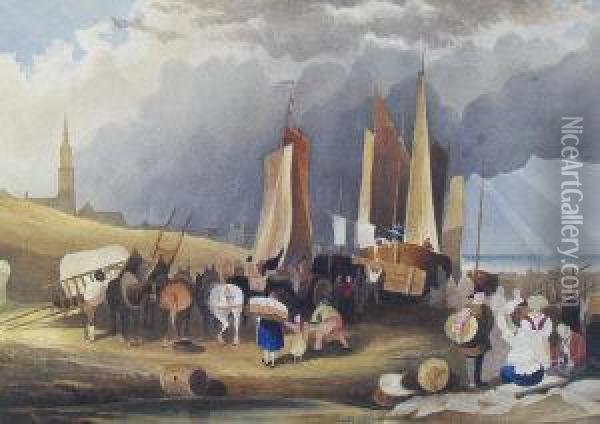Figures Careening A Vessel Oil Painting - Francis Swaine