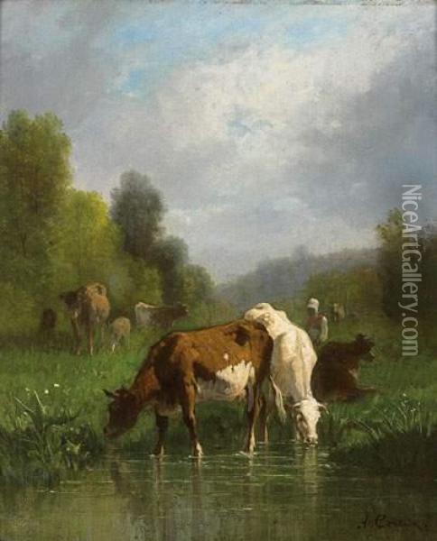 Vaches S'abreuvant Oil Painting - Andres Cortes Yaguilar