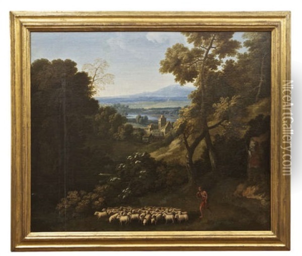 An Extensive Wooded Southern Landscape With A Shepherd And His Flock Before A Fortified Village, A Lake In The Plain With Mountains In The Distance Oil Painting - Crescenzio Onofri