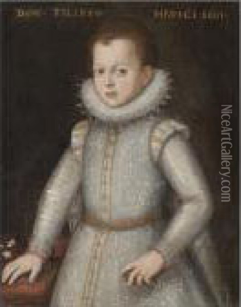 Portrait Of Young Boy, Half 
Length, Wearing White With An Elaborate Ruff And Resting His Hand On The
 Table Said To Be Filippo De Medici Oil Painting - Tiberio di Tito