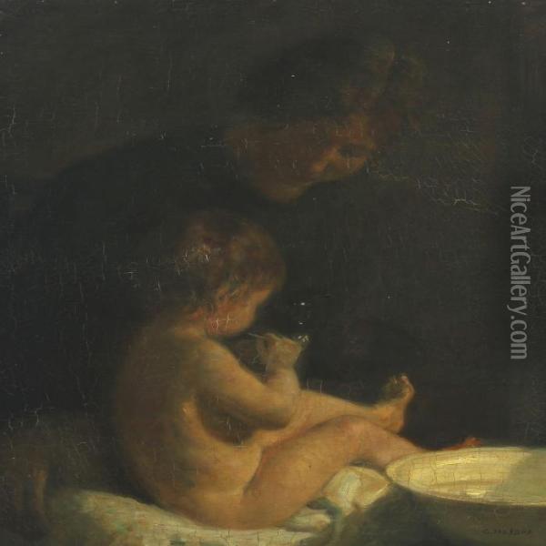 Mother Bathing Her Child Oil Painting - Carl Vilhelm Holsoe