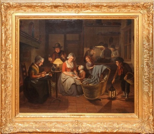 Interior With Family Oil Painting - Basile De Loose