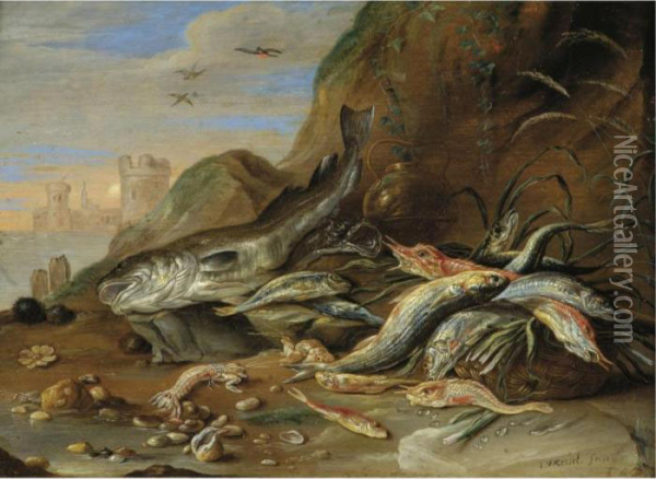 A Seashore With A Still Life Of Fish, Crustaceans And Other Sea Creatures Oil Painting - Jan van Kessel